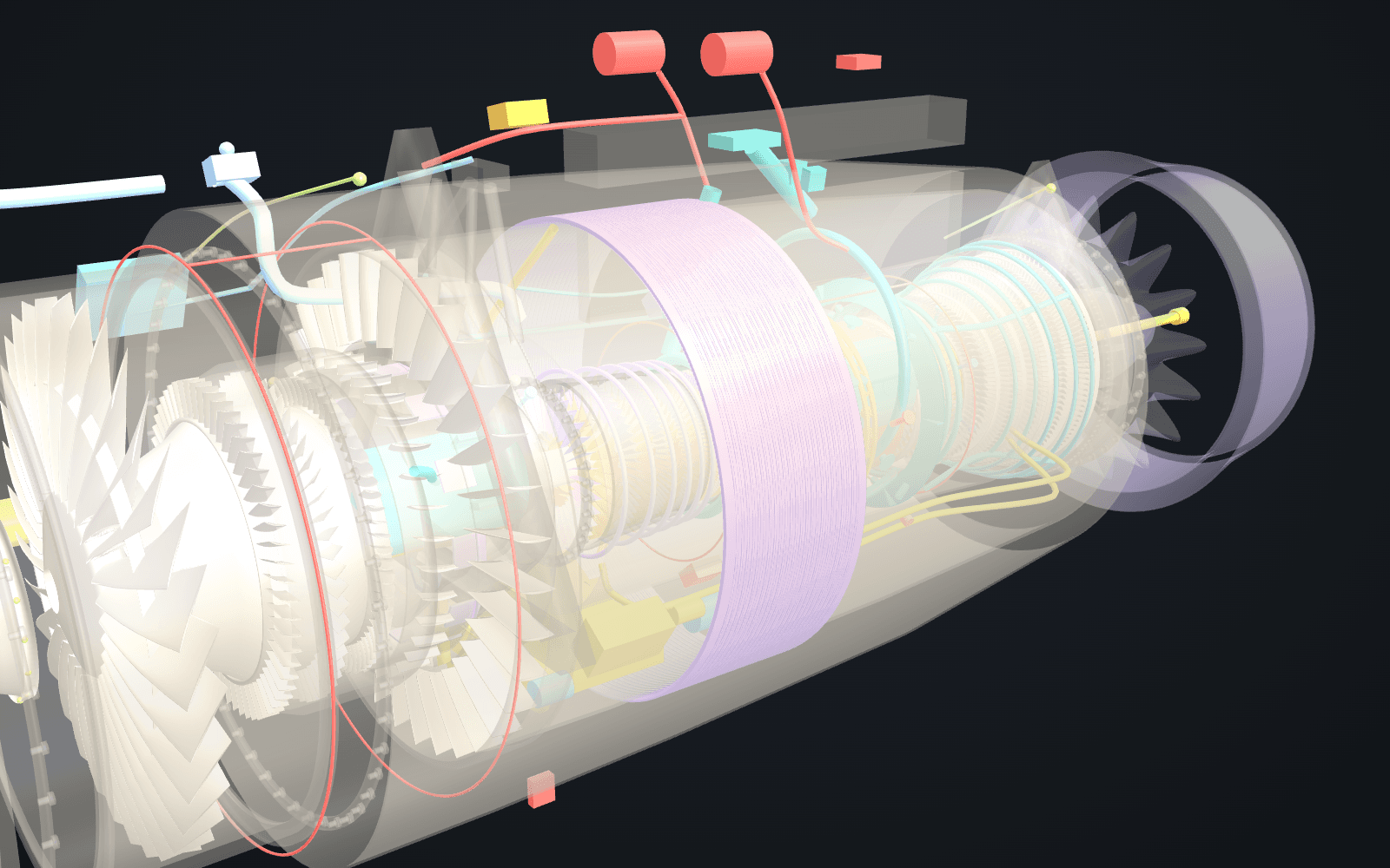 The engine separated along its axis with the casings faded to a quarter opacity, the rotors, combustor and external units spread out as a parts inventory.