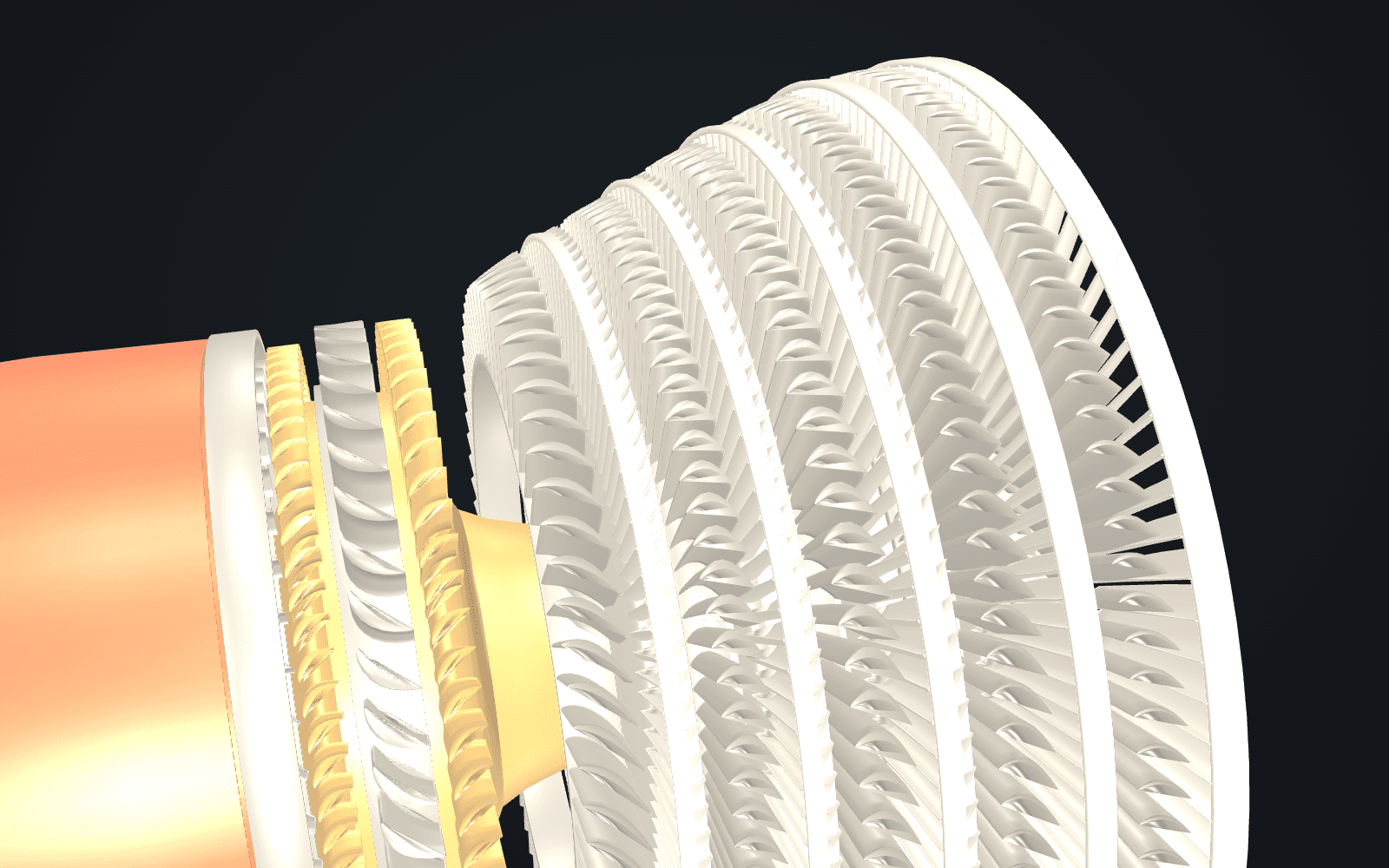 Close-up of the two-stage HP turbine and five-stage LP turbine with the casings hidden: cambered vanes and shrouded blades in alternating rows, the HP rows gold and the LP rows pale.