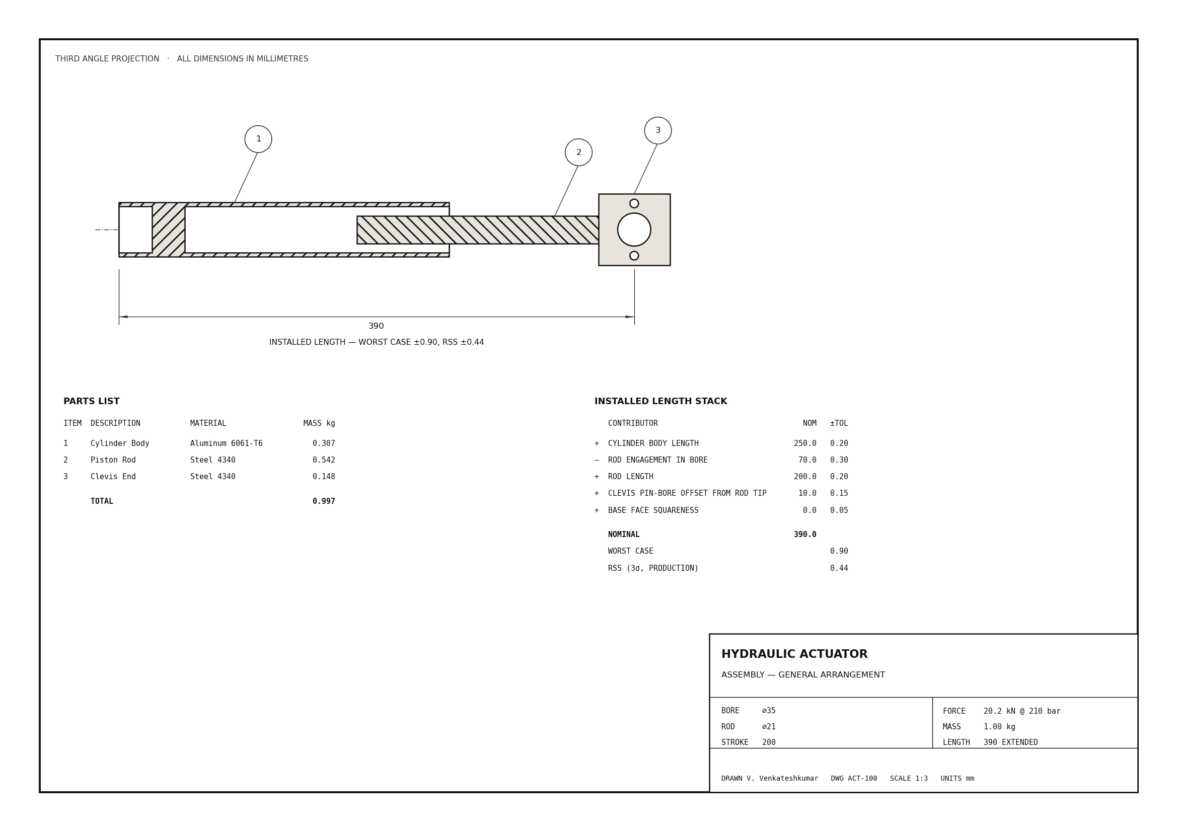 A4 general arrangement drawing of a hydraulic actuator assembly in section: ballooned cylinder body, piston rod and clevis end, with a parts list, an installed-length tolerance stack-up table, and a title block.
