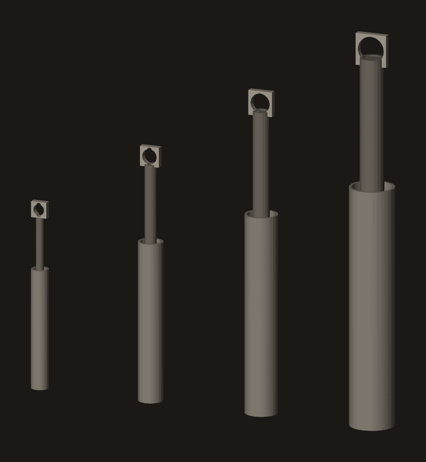 Four hydraulic flight-control actuators shaded and lined up at true relative scale, from a 16 mm-bore Cessna-class unit to a 50 mm-bore B777-class one, each showing its cylinder body, extended piston rod and clevis rod-end.