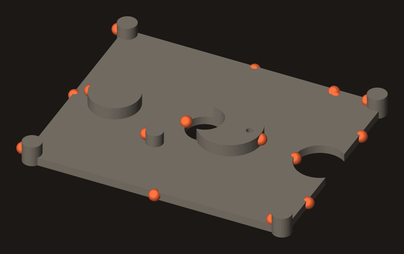 Shaded render of a cast gearbox housing with seventeen orange spheres marking the positions where a design-for-manufacture check found faces with no draft angle, plus one grey marker for an advisory finding.