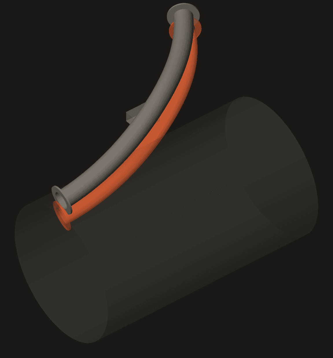 Shaded render of a bleed air duct routed past an engine core casing. Two routes are shown: the accepted one standing clear of the casing, and a rejected earlier route in orange that is buried in the casing surface.