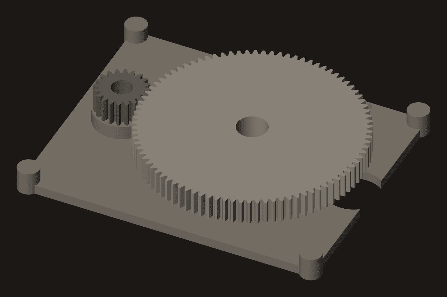 Shaded render of a single-stage accessory gearbox: a 90-tooth gear meshing with a 20-tooth pinion, both seated on bearing bosses that stand on a flanged aluminium housing with four corner mounting pads.