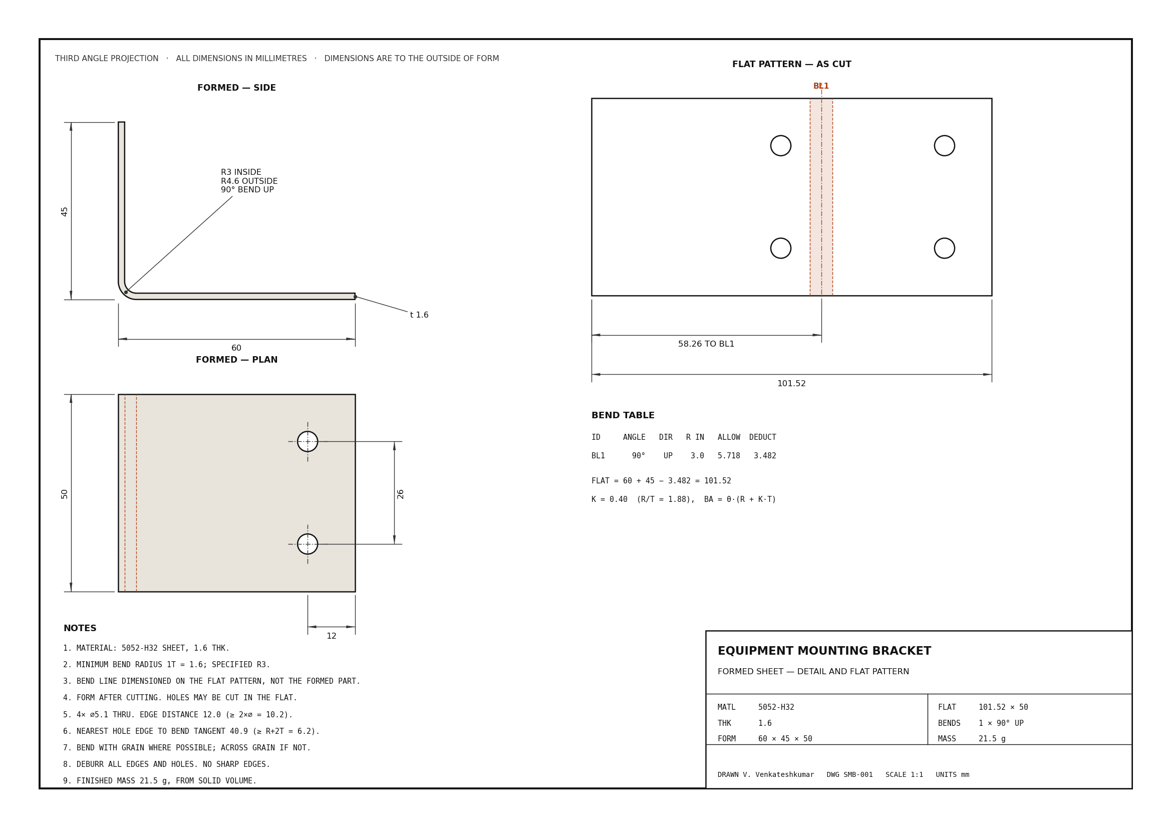 A4 detail drawing of a formed sheet-metal angle bracket: side and plan views of the folded part, a flat pattern with the bend zone and bend line marked in orange, a bend table listing angle, direction, radius, allowance and deduction, and nine manufacturing notes.
