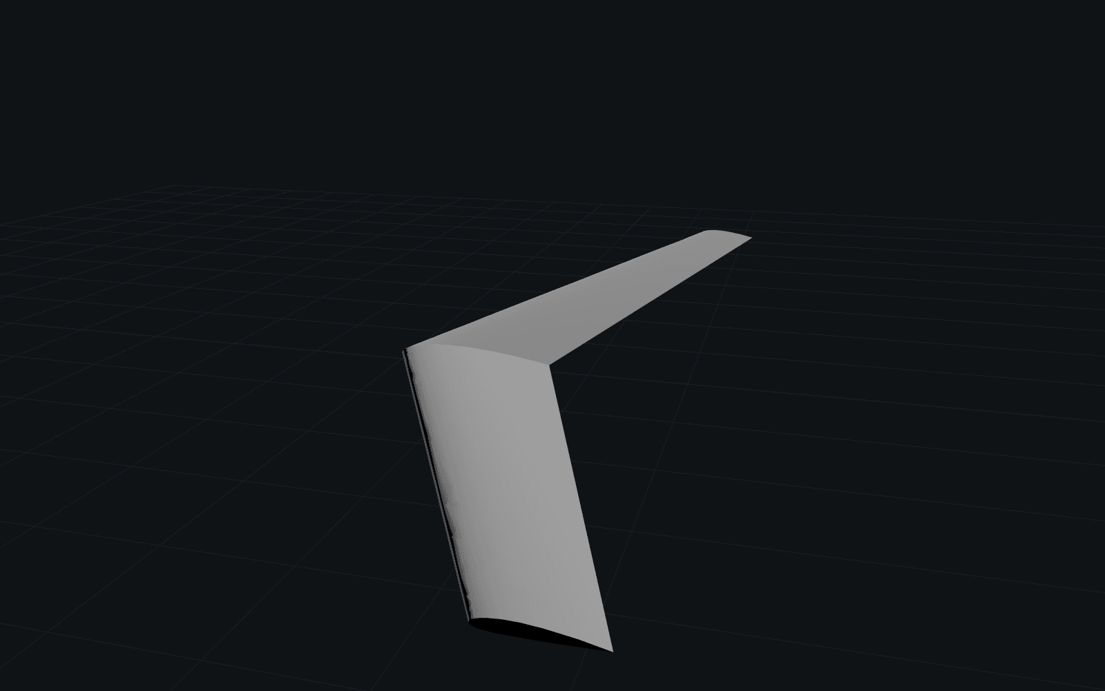 Shaded 3D render of the parametric wing from a 3/4 view, showing the swept, tapered planform and the aerofoil section visible at the root end.